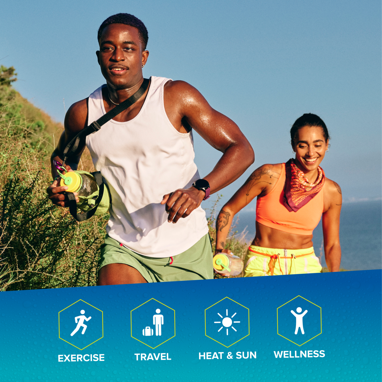 men and women are running and exercising in the sun
